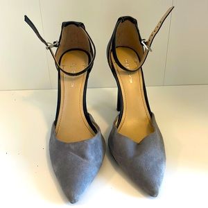 Gray and black ankle strap heel